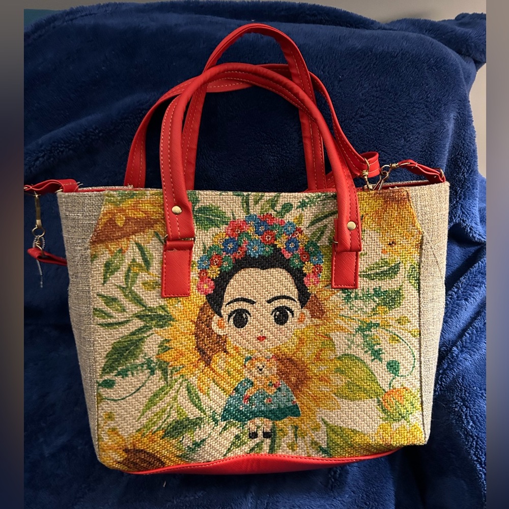 Floral Portrait Canvas Tote with Red Trim
